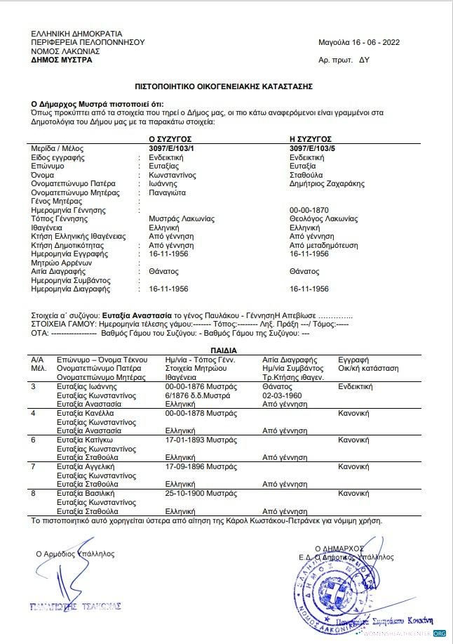 Download Greece family status certificate Photoshop template